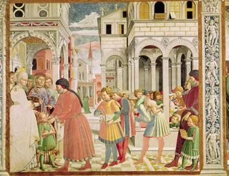 Sankt Augustinus leds av sina föräldrar till skolan i Tagaste, ur Sankt Augustinus liv, 1464-65